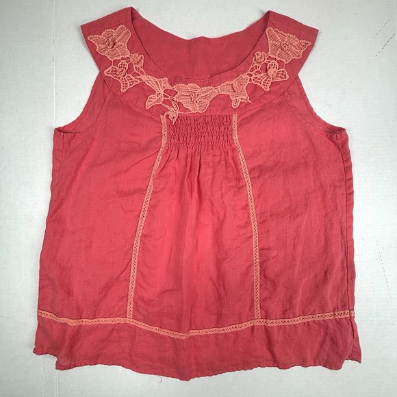 Cynthia‎ Rowley Linen Tank Top Medium Coral Embroidered Appliqué Smocked Peasant - Picture 1 of 6